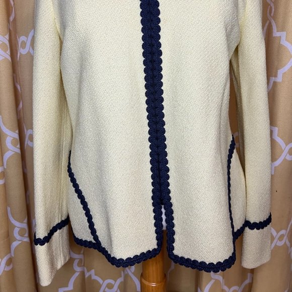 St. John Collection Knit Zip Jacket, Butter Yellow w/ Navy Ric Rac Trim , Size 6 - Picture 2 of 10
